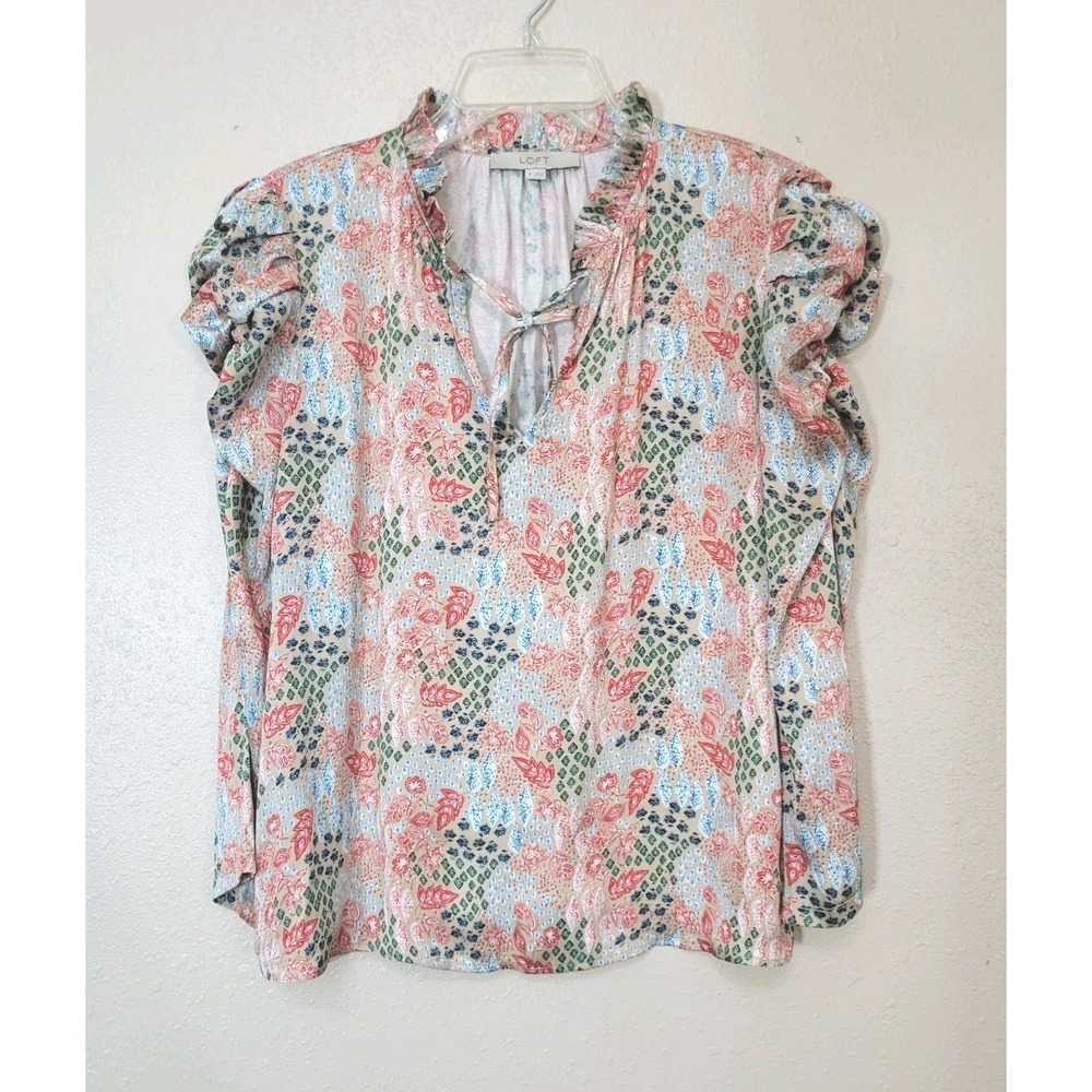 Loft Pink Floral Blouse With‎ Long Puffed Ruched Sleeves Blouse Sz M